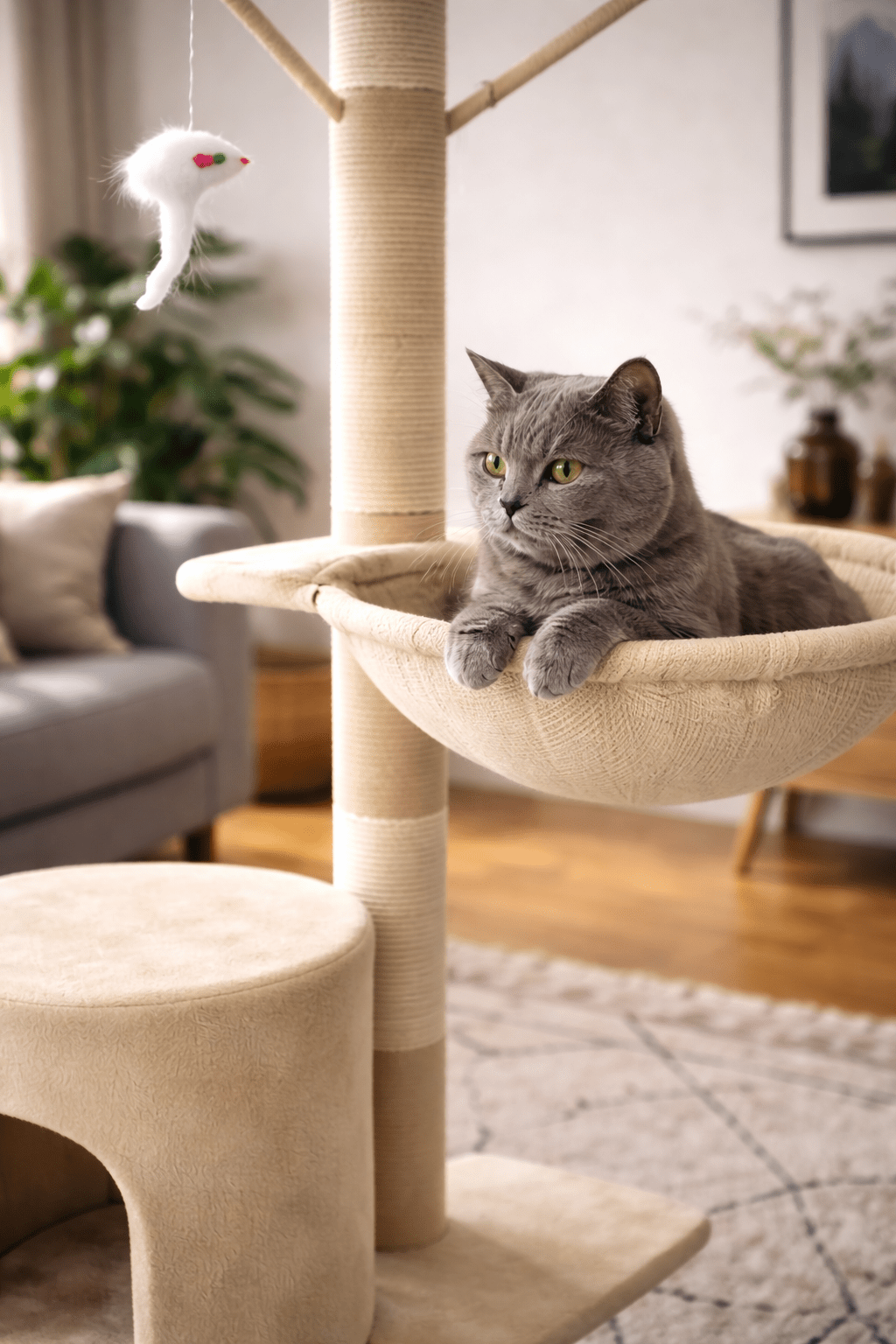 Arbre à Chat Beige Design avec Niche et Panier Suspendu - Paw Studio