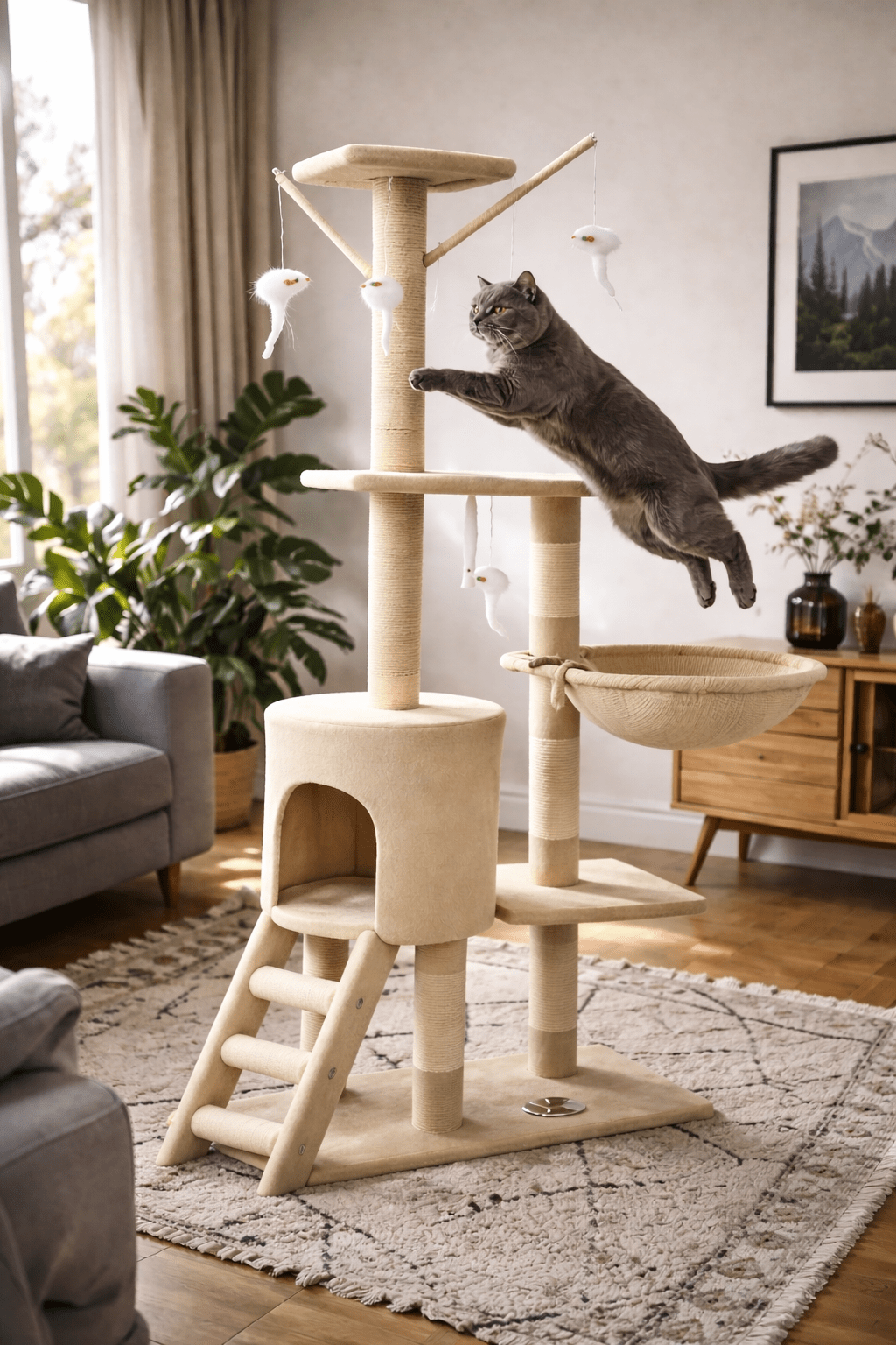 Arbre à Chat Beige Design avec Niche et Panier Suspendu - Paw Studio