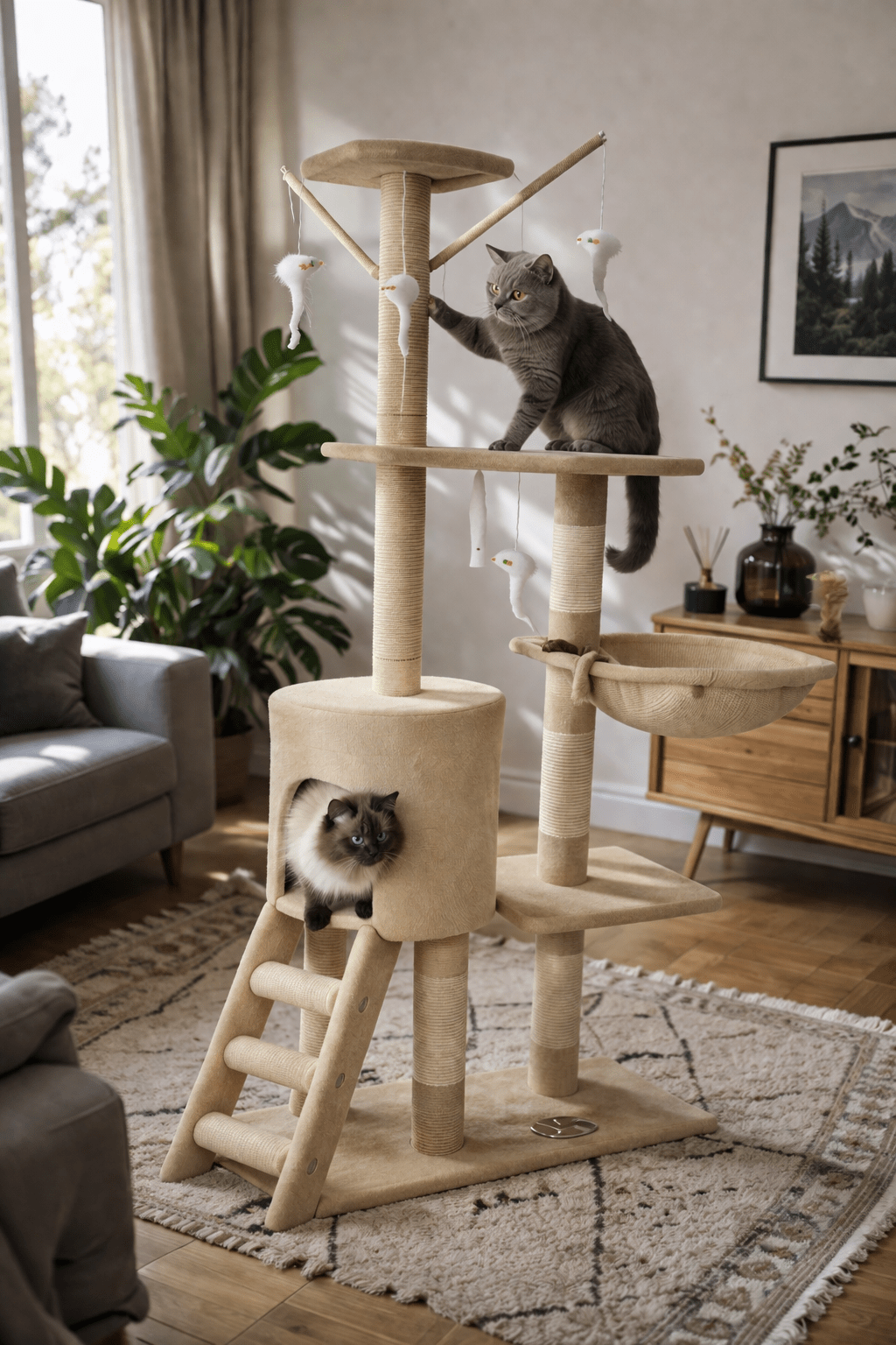 Arbre à Chat Beige Design avec Niche et Panier Suspendu - Paw Studio
